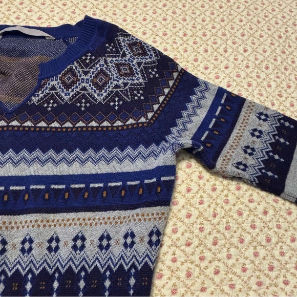Athleta Fara Fair Isle Sweater Dress Split V-Neck Blue Women Size Medium - Picture 14 of 15